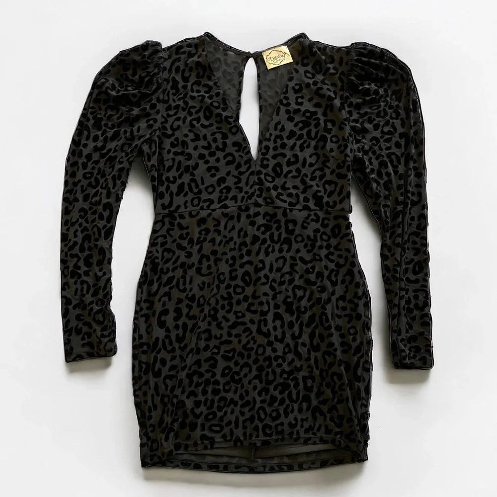 Deja Vu Black Velvet Burnout Overlay Mini Dress long sleeve evening Large EUC - Picture 11 of 16